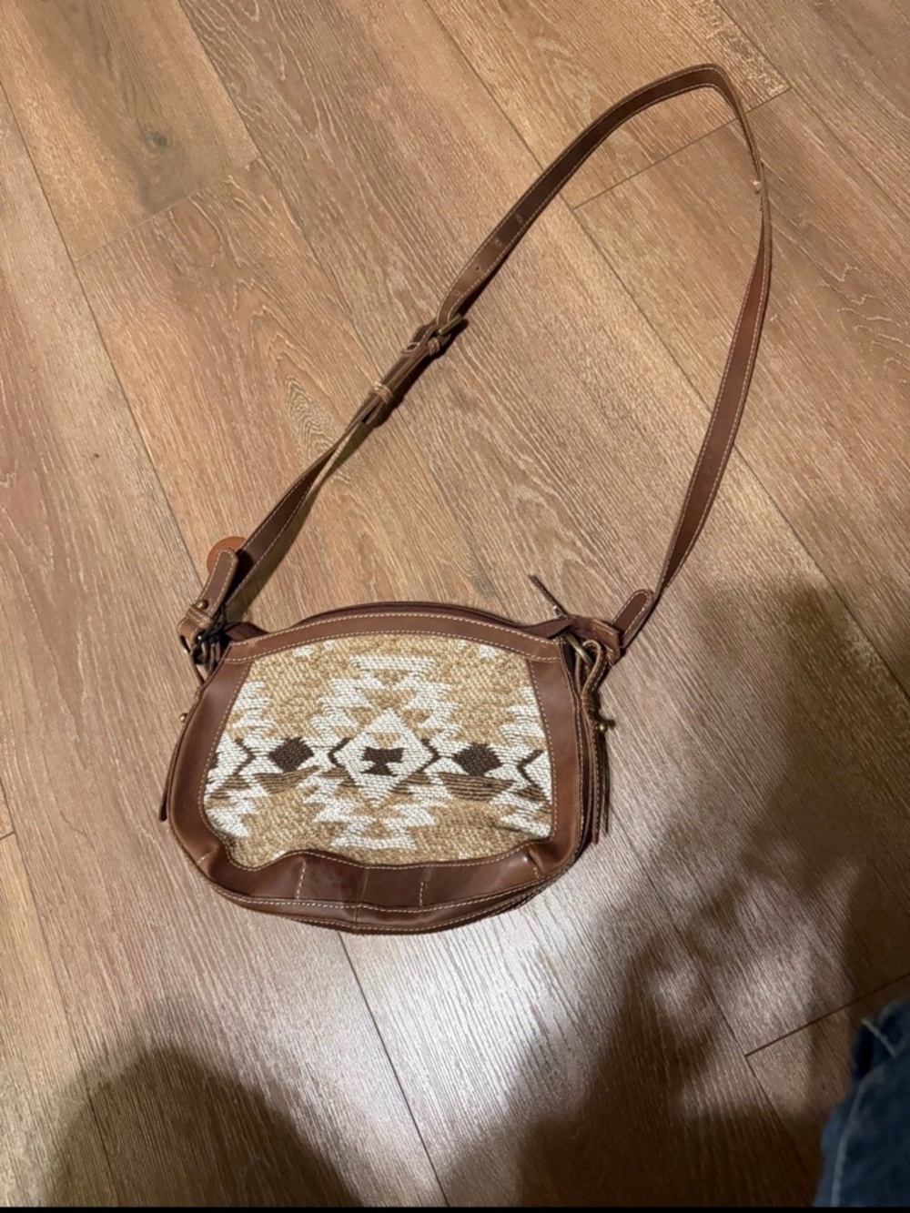 Brown Leather Myra Crossbody Bag with Southwestern Woven Panel